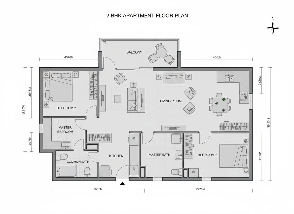 Godrej Vanantara 2 BHK floor plan, 1,250 sq.ft. with two bedrooms, two bathrooms and balcony Godrej Vanantara 2 BHK floor plan, 1,250 sq.ft. with two bedrooms, two bathrooms and balcony